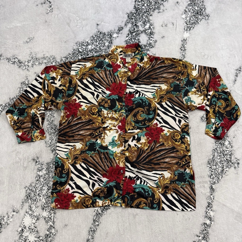 Forenza Vintage 90's 100% Silk Baroque Multicolor Zebra Print Blouse Womens L